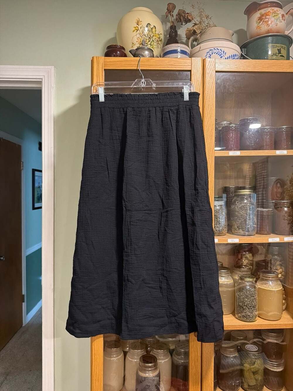 SHEIN Black 100% Cotton Textured Gauze Elastic Waist Midi Skirt - Picture 1 of 2